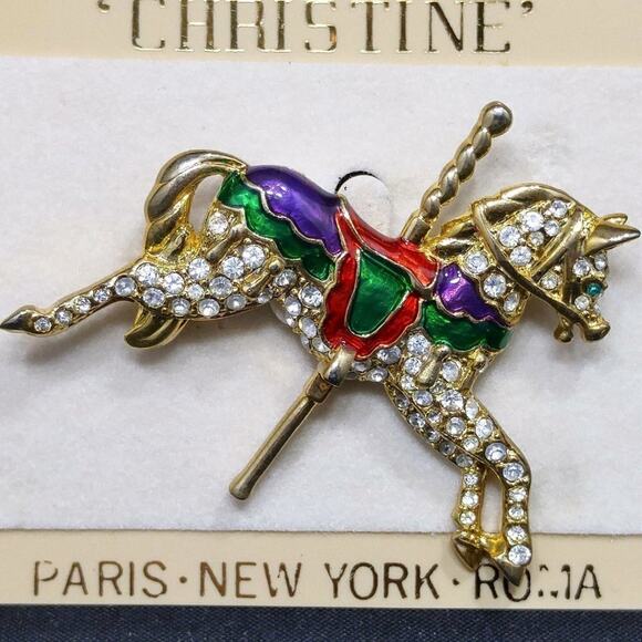 Vintage Carousel Horse Rhinestone Brooch, Red Green Enamel, Taiwan, 2 Inches - Picture 1 of 10